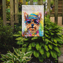 Load image into Gallery viewer, Yorkshire Terrier Hippie Dawg Garden Flag – Retro Dog with Sunglasses &amp; Multicolored Background