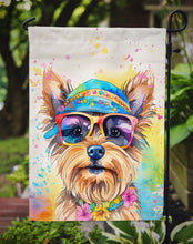 Load image into Gallery viewer, Yorkshire Terrier Hippie Dawg Garden Flag – Retro Dog with Sunglasses &amp; Multicolored Background
