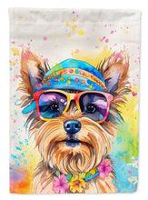 Load image into Gallery viewer, Yorkshire Terrier Hippie Dawg Garden Flag – Retro Dog with Sunglasses &amp; Multicolored Background