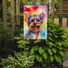 Load image into Gallery viewer, Yorkshire Terrier Hippie Dawg Garden Flag – Retro Dog with Sunglasses &amp; Multicolored Background