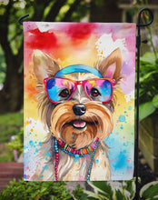 Load image into Gallery viewer, Yorkshire Terrier Hippie Dawg Garden Flag – Retro Dog with Sunglasses &amp; Multicolored Background