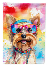 Load image into Gallery viewer, Yorkshire Terrier Hippie Dawg Garden Flag – Retro Dog with Sunglasses &amp; Multicolored Background