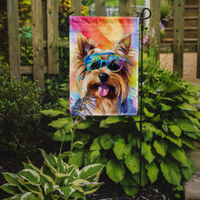 Load image into Gallery viewer, Yorkshire Terrier Hippie Dawg Garden Flag – Retro Dog with Sunglasses &amp; Multicolored Background