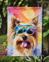 Load image into Gallery viewer, Yorkshire Terrier Hippie Dawg Garden Flag – Retro Dog with Sunglasses &amp; Multicolored Background