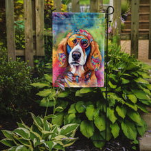 Load image into Gallery viewer, Hippie Dawg Garden Flag – Retro Dog with Sunglasses &amp; Multicolored Background