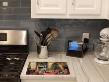 Load image into Gallery viewer, Keeshond Cozy Christmas Glass Cutting Boards – Durable, Decorative Kitchen Art Large