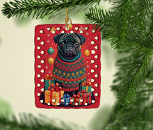 Load image into Gallery viewer, Black Pug Holiday Christmas Porcelain Ornament