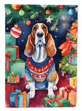 Load image into Gallery viewer, Basset Hound Christmas Garden Flag – Cozy Dog Holiday Decor with Tree &amp; Presents