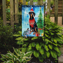 Load image into Gallery viewer, Black and Tan Coonhound Christmas Garden Flag – Cozy Dog Holiday Decor with Tree &amp; Presents