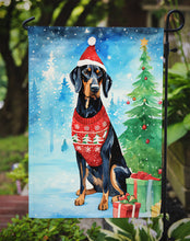 Load image into Gallery viewer, Black and Tan Coonhound Christmas Garden Flag – Cozy Dog Holiday Decor with Tree &amp; Presents