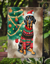 Load image into Gallery viewer, Black and Tan Coonhound Christmas Garden Flag – Cozy Dog Holiday Decor with Tree &amp; Presents