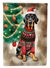 Load image into Gallery viewer, Black and Tan Coonhound Christmas Garden Flag – Cozy Dog Holiday Decor with Tree &amp; Presents
