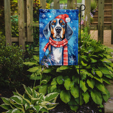 Load image into Gallery viewer, Black and Tan Coonhound Christmas Garden Flag – Cozy Dog Holiday Decor with Tree &amp; Presents