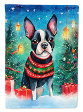 Load image into Gallery viewer, Boston Terrier Christmas Garden Flag – Cozy Dog Holiday Decor with Tree &amp; Presents