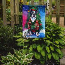 Load image into Gallery viewer, Boston Terrier Christmas Garden Flag – Cozy Dog Holiday Decor with Tree &amp; Presents