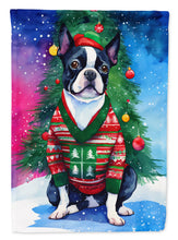 Load image into Gallery viewer, Boston Terrier Christmas Garden Flag – Cozy Dog Holiday Decor with Tree &amp; Presents