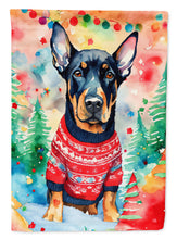 Load image into Gallery viewer, Doberman Pinscher Christmas Garden Flag – Cozy Dog Holiday Decor with Tree &amp; Presents