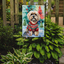 Load image into Gallery viewer, Lhasa Apso Christmas Garden Flag – Cozy Dog Holiday Decor with Tree &amp; Presents