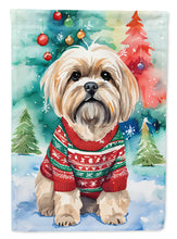 Load image into Gallery viewer, Lhasa Apso Christmas Garden Flag – Cozy Dog Holiday Decor with Tree &amp; Presents