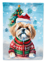 Load image into Gallery viewer, Lhasa Apso Christmas Garden Flag – Cozy Dog Holiday Decor with Tree &amp; Presents