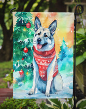 Load image into Gallery viewer, Norwegian Elkhound Christmas Garden Flag – Cozy Dog Holiday Decor with Tree &amp; Presents
