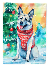 Load image into Gallery viewer, Norwegian Elkhound Christmas Garden Flag – Cozy Dog Holiday Decor with Tree &amp; Presents