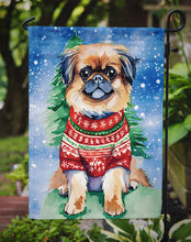 Load image into Gallery viewer, Pekingese Christmas Garden Flag – Cozy Dog Holiday Decor with Tree &amp; Presents