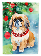 Load image into Gallery viewer, Pekingese Christmas Garden Flag – Cozy Dog Holiday Decor with Tree &amp; Presents