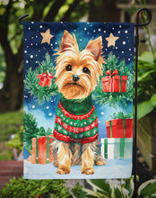 Load image into Gallery viewer, Yorkshire Terrier Yorkie Christmas Garden Flag – Cozy Dog Holiday Decor with Tree &amp; Presents