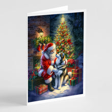 Load image into Gallery viewer, Alaskan Malamute and Santa Claus Greeting Cards - Blank Note Cards – 8-Pack of Artist-Designed Cards with Envelopes