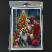 Load image into Gallery viewer, Australian Shepherd and Santa Claus Greeting Cards - Blank Note Cards – 8-Pack of Artist-Designed Cards with Envelopes