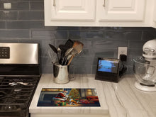 Load image into Gallery viewer, Basenji and Santa Claus Glass Cutting Boards – Durable, Decorative Kitchen Art