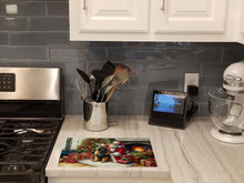 Load image into Gallery viewer, Leonberger and Santa Claus Glass Cutting Boards – Durable, Decorative Kitchen Art