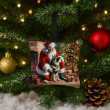 Load image into Gallery viewer, Norwegian Elkhound and Santa Claus Hanging Square Fabric Ornament 3.5 × 3.5