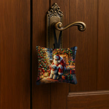 Load image into Gallery viewer, Old English Sheepdog and Santa Claus Hanging Square Fabric Ornament 3.5 × 3.5