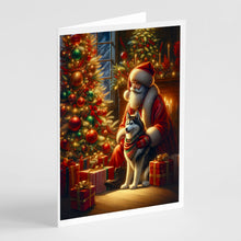 Load image into Gallery viewer, Siberian Husky and Santa Claus Greeting Cards - Blank Note Cards – 8-Pack of Artist-Designed Cards with Envelopes