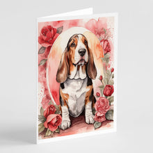 Load image into Gallery viewer, Basset Hound Valentine Roses Greeting Cards - Blank Note Cards – 8-Pack of Artist-Designed Cards with Envelopes