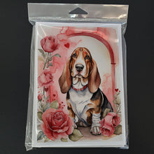 Load image into Gallery viewer, Basset Hound Valentine Roses Greeting Cards - Blank Note Cards – 8-Pack of Artist-Designed Cards with Envelopes