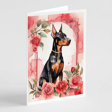 Load image into Gallery viewer, Doberman Pinscher Valentine Roses Greeting Cards - Blank Note Cards – 8-Pack of Artist-Designed Cards with Envelopes