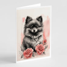 Load image into Gallery viewer, Black Pomeranian Valentine Roses Greeting Cards - Blank Note Cards – 8-Pack of Artist-Designed Cards with Envelopes