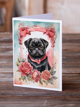 Load image into Gallery viewer, Black Pug Valentine Roses Greeting Cards - Blank Note Cards – 8-Pack of Artist-Designed Cards with Envelopes