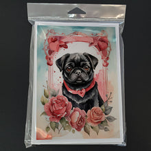 Load image into Gallery viewer, Black Pug Valentine Roses Greeting Cards - Blank Note Cards – 8-Pack of Artist-Designed Cards with Envelopes