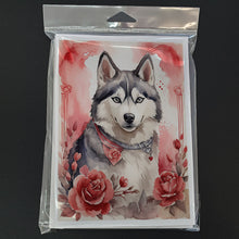 Load image into Gallery viewer, Siberian Husky Valentine Roses Greeting Cards - Blank Note Cards – 8-Pack of Artist-Designed Cards with Envelopes