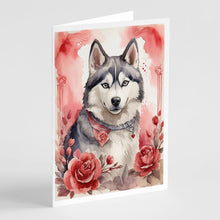 Load image into Gallery viewer, Siberian Husky Valentine Roses Greeting Cards - Blank Note Cards – 8-Pack of Artist-Designed Cards with Envelopes