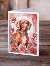 Load image into Gallery viewer, Vizsla Valentine Roses Greeting Cards - Blank Note Cards – 8-Pack of Artist-Designed Cards with Envelopes