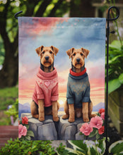 Load image into Gallery viewer, Airedale Terrier Two Hearts Garden Flag –  Romantic Dog Pair with Sunset &amp; Mountain Background