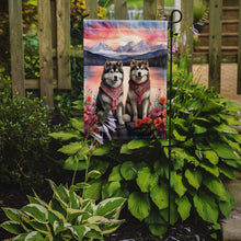 Load image into Gallery viewer, Alaskan Malamute Two Hearts Garden Flag –  Romantic Dog Pair with Sunset &amp; Mountain Background