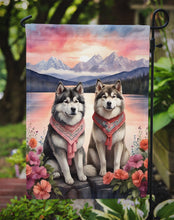Load image into Gallery viewer, Alaskan Malamute Two Hearts Garden Flag –  Romantic Dog Pair with Sunset &amp; Mountain Background