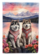 Load image into Gallery viewer, Alaskan Malamute Two Hearts Garden Flag –  Romantic Dog Pair with Sunset &amp; Mountain Background