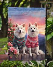 Load image into Gallery viewer, American Eskimo Two Hearts Garden Flag –  Romantic Dog Pair with Sunset &amp; Mountain Background